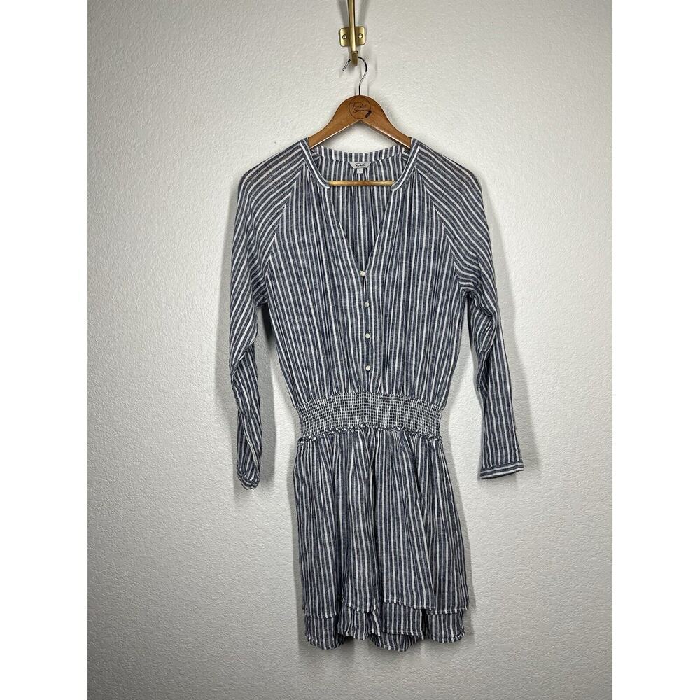 Rails Jasmine Tibet Stripe Linen Blend Smocked Long Sleeve Dress Women Size S